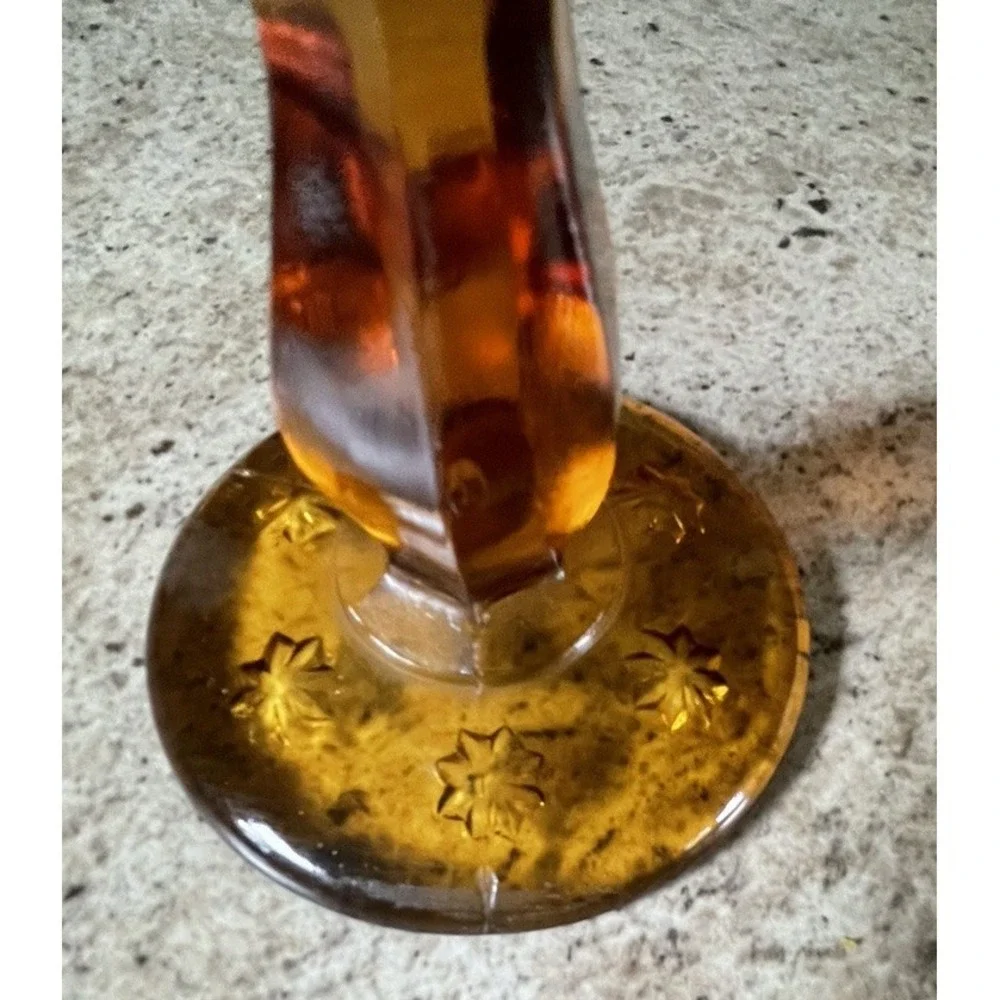 Amber Moon and Stars Pedestal Compote Candy Dish Ruffled Lip Vtg L E Smith 6